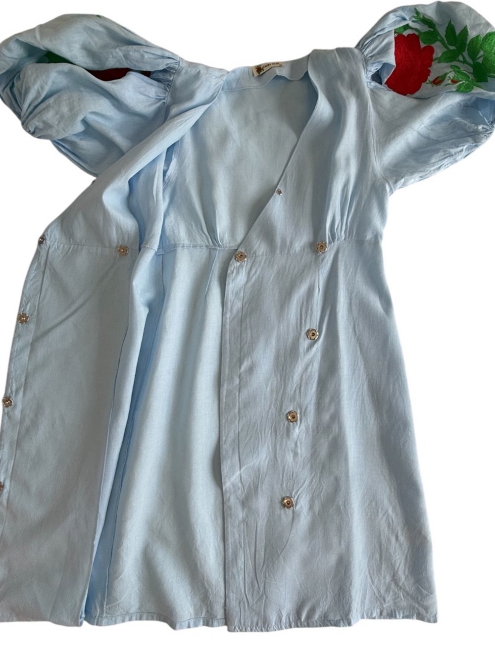 Fanm Mon Nif Linen Mini Dress XS Blue Floral Embroidered Resort Euro Summer - Picture 8 of 13